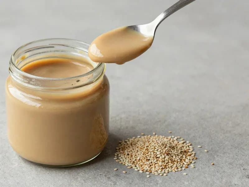 A jar of pale tahini with a spoon lifting a ribbon of the paste