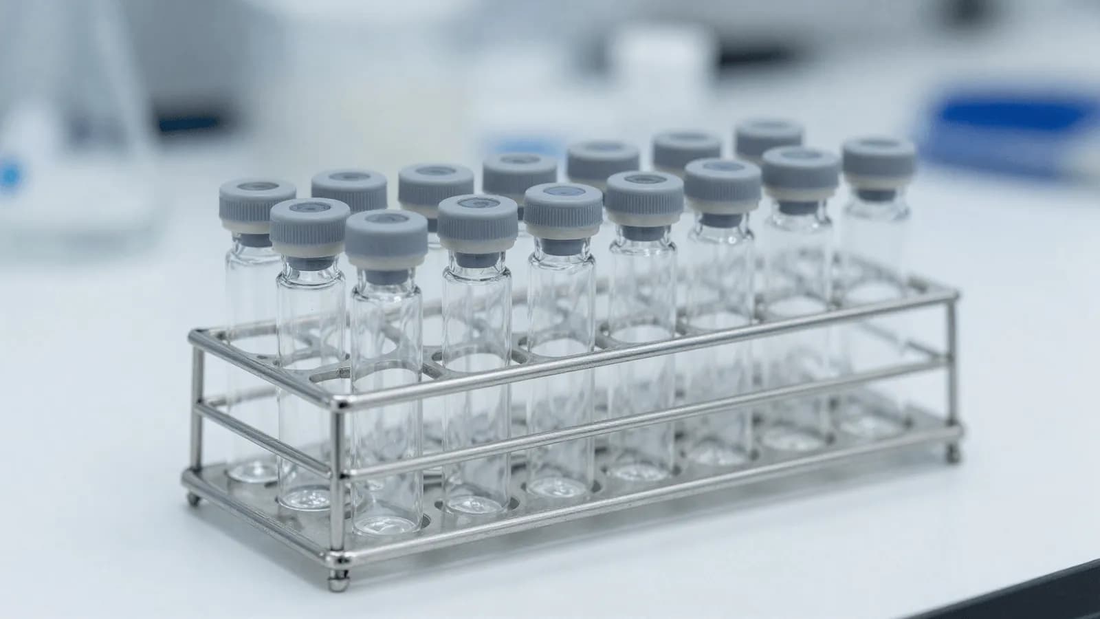 Small laboratory vials in a rack under clean laboratory light