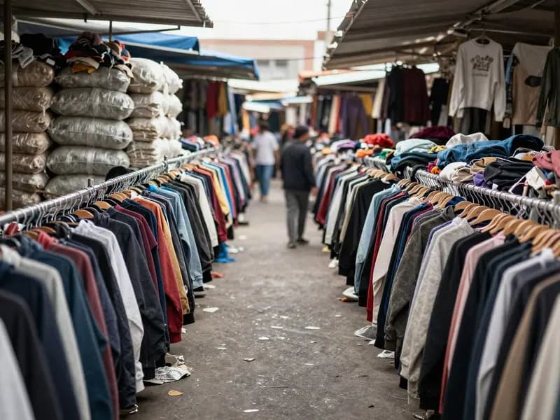 Densely packed secondhand clothing stalls in an open air market
