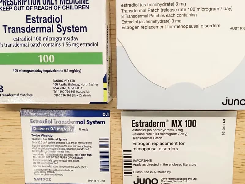 Several boxes of estradiol transdermal patches from different manufacturers laid on a wooden table, photographed on 4 June 2025, a file photograph illustrative of menopausal hormone therapy and not of the ACOG guideline