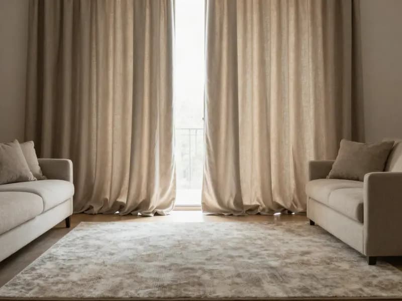 A living room with a large rug, heavy curtains and a full bookshelf