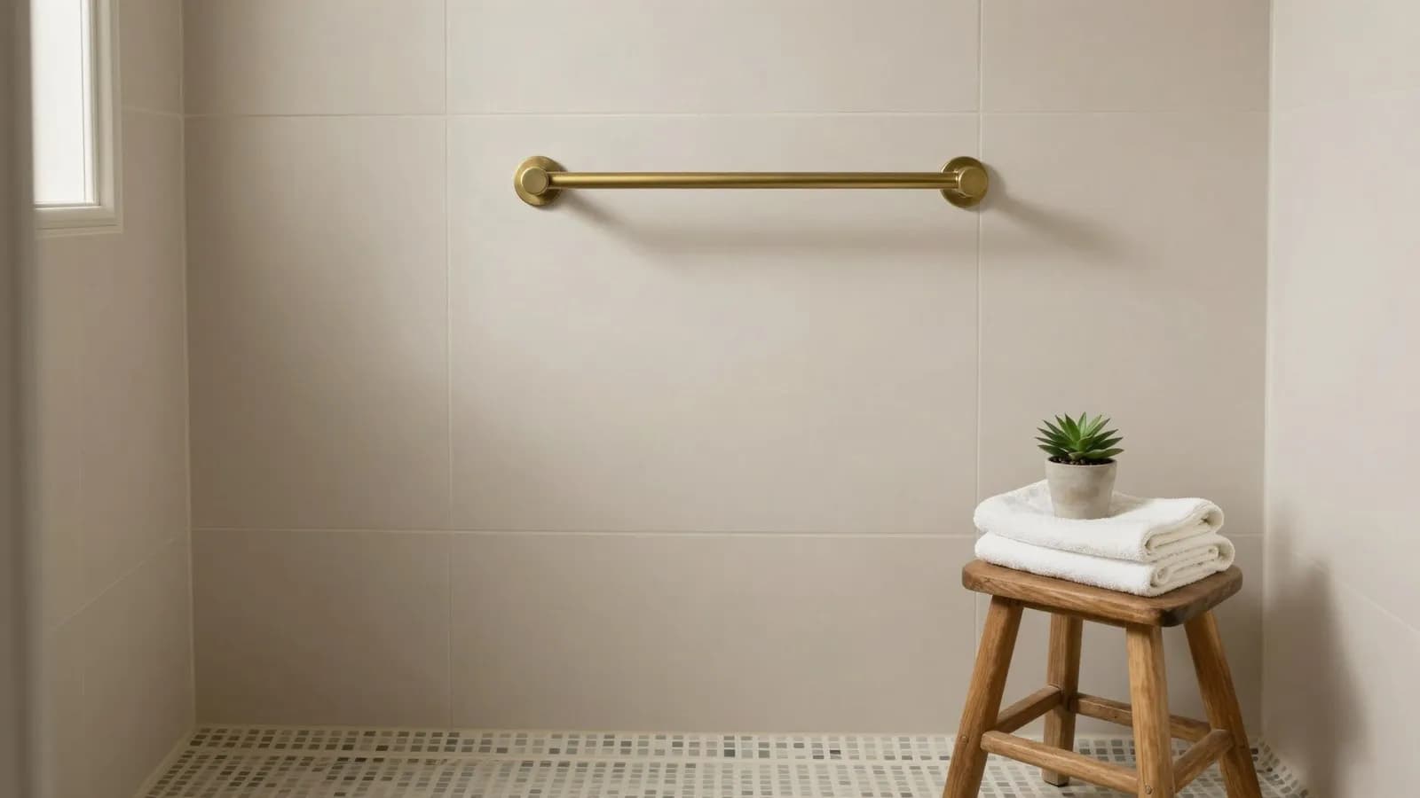 A level access shower with a wall mounted rail and small format floor tiles
