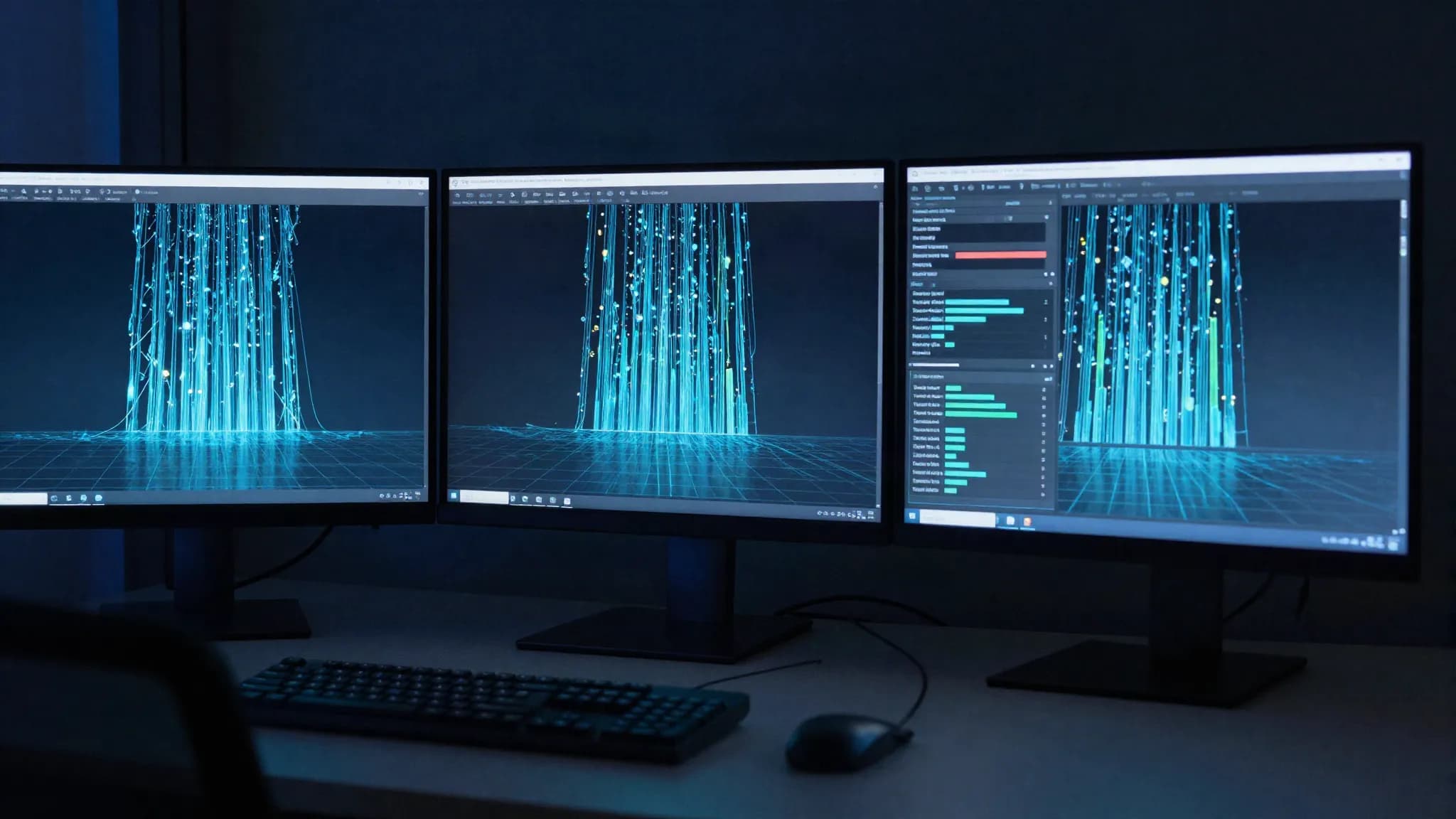 Monitors showing abstract tracing and metrics dashboards