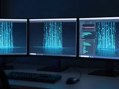 Monitors showing abstract tracing and metrics dashboards
