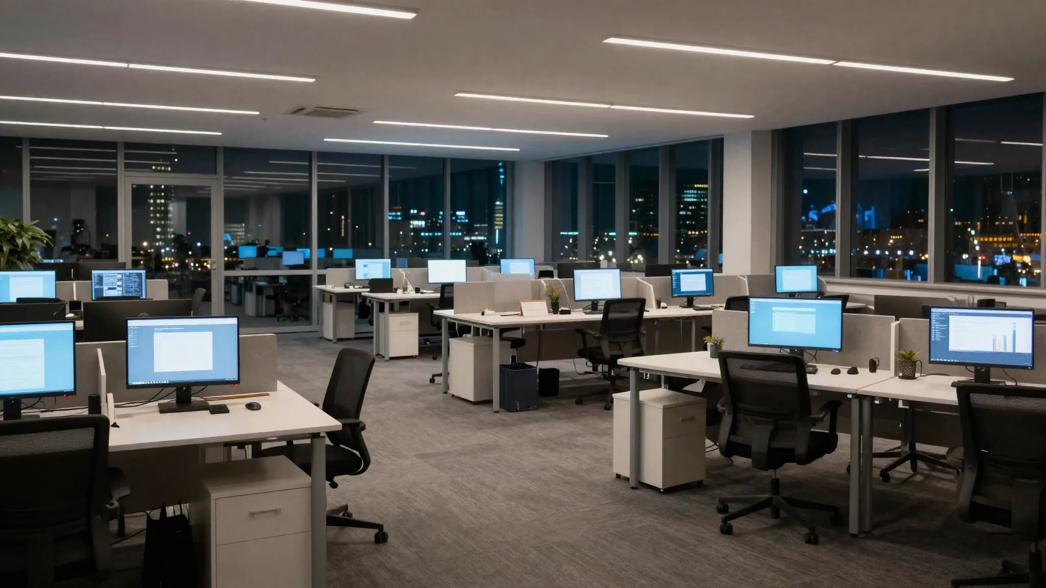 An empty open plan office at night with glowing monitors