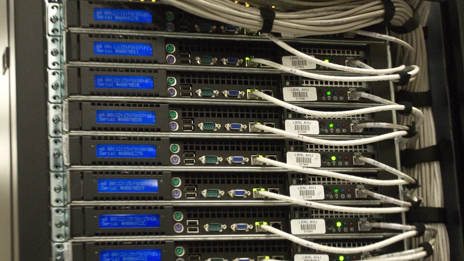 Rows of specialized servers inside a modern data center