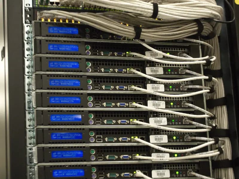 Rows of specialized servers inside a modern data center