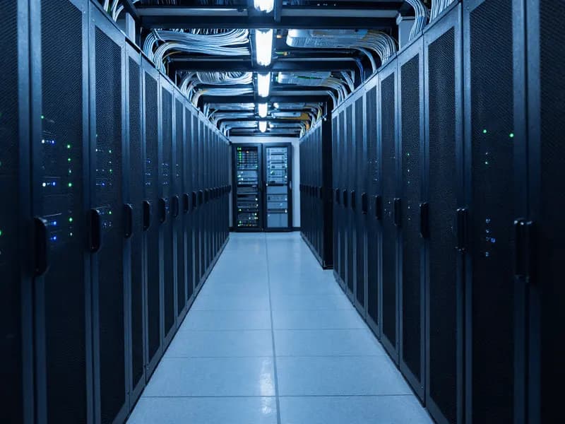 A long corridor of server racks in a data centre