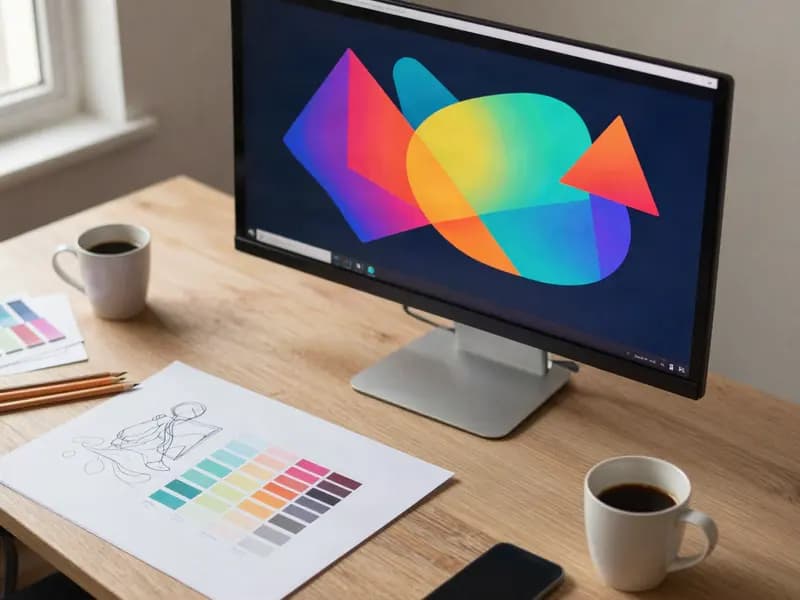 A designer's desk with a screen of layouts and printed sketches