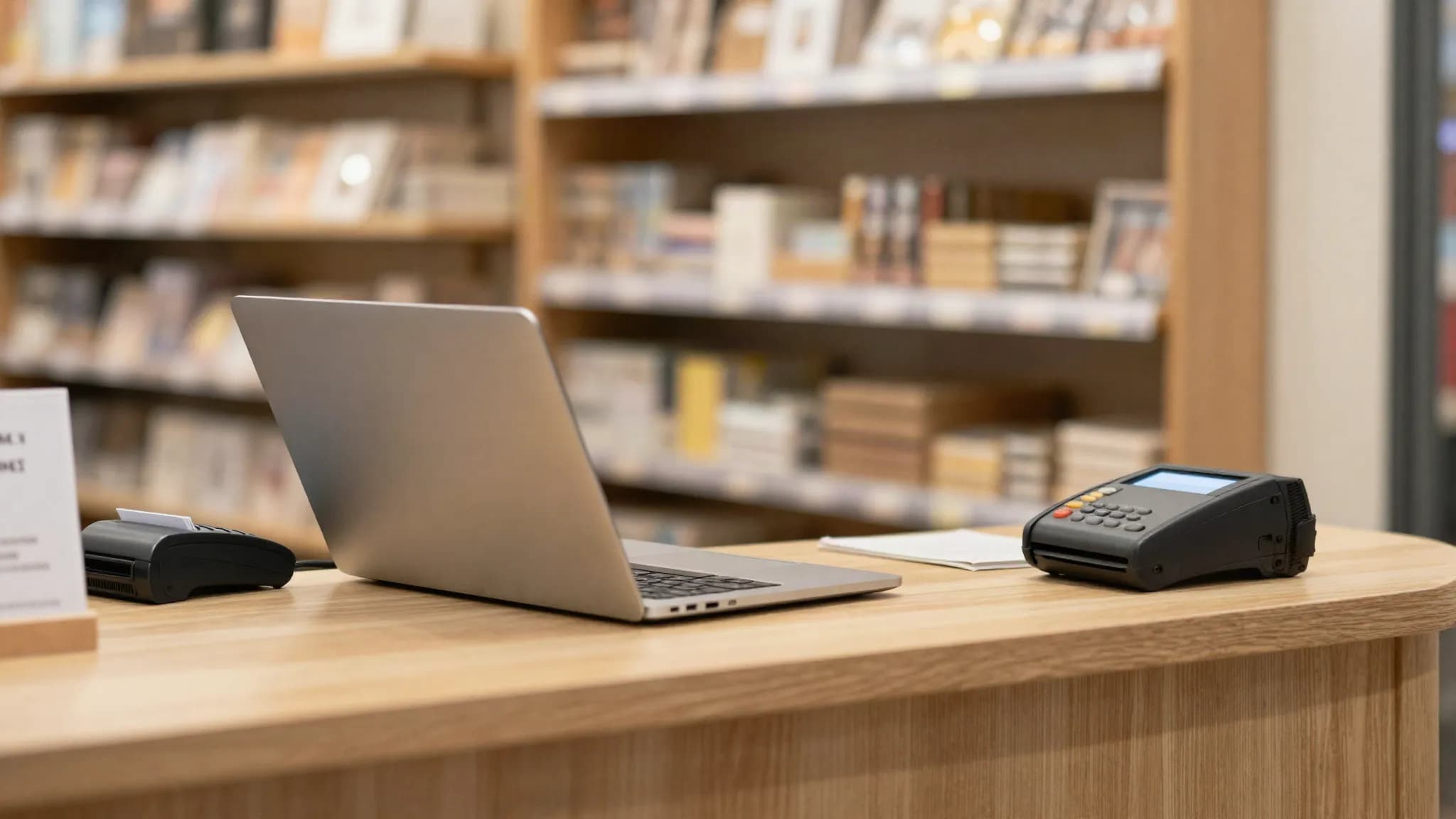 A small shop counter with an open laptop and card reader