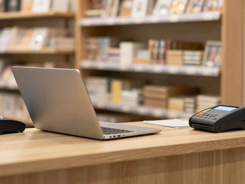 A small shop counter with an open laptop and card reader