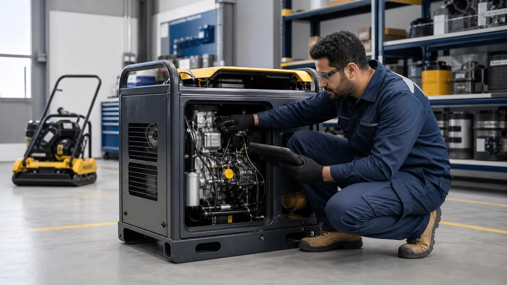 Editorial illustration of a technician servicing a compact generator with a plate compactor nearby