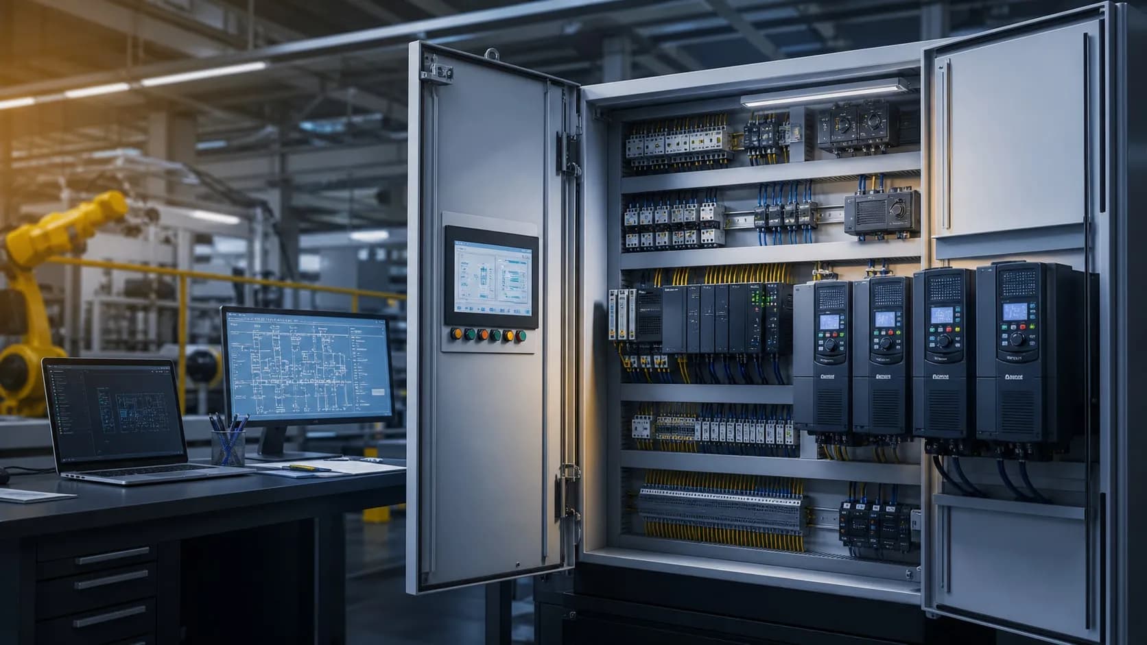 Editorial illustration of a modern industrial control cabinet with PLC, VFD and HMI equipment