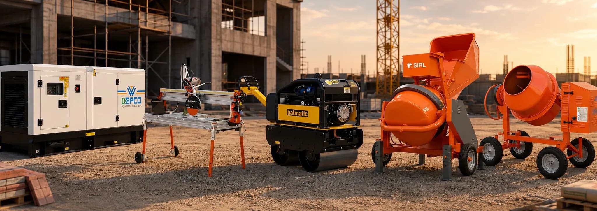 A selection of Al Wisam construction machinery including cutting, compaction and power equipment