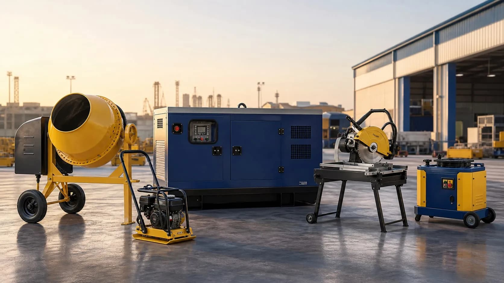 Editorial illustration of concrete mixing, compaction, power, cutting and rebar equipment