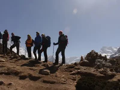 A group of trekkers on the trail to Everest Base Camp in Nepal in April 2018