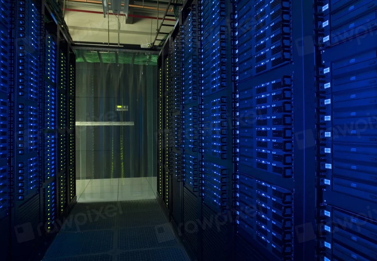 Rows of illuminated server racks in a modern data center, evoking large-scale AI model infrastructure
