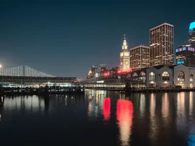 The San Francisco skyline seen from the Ferry Building, illustrative of the city where Anthropic is based and not the company's own office, photographed in July 2020