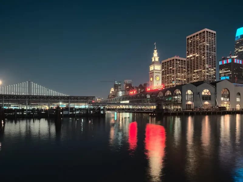 The San Francisco skyline seen from the Ferry Building, illustrative of the city where Anthropic is based and not the company's own office, photographed in July 2020