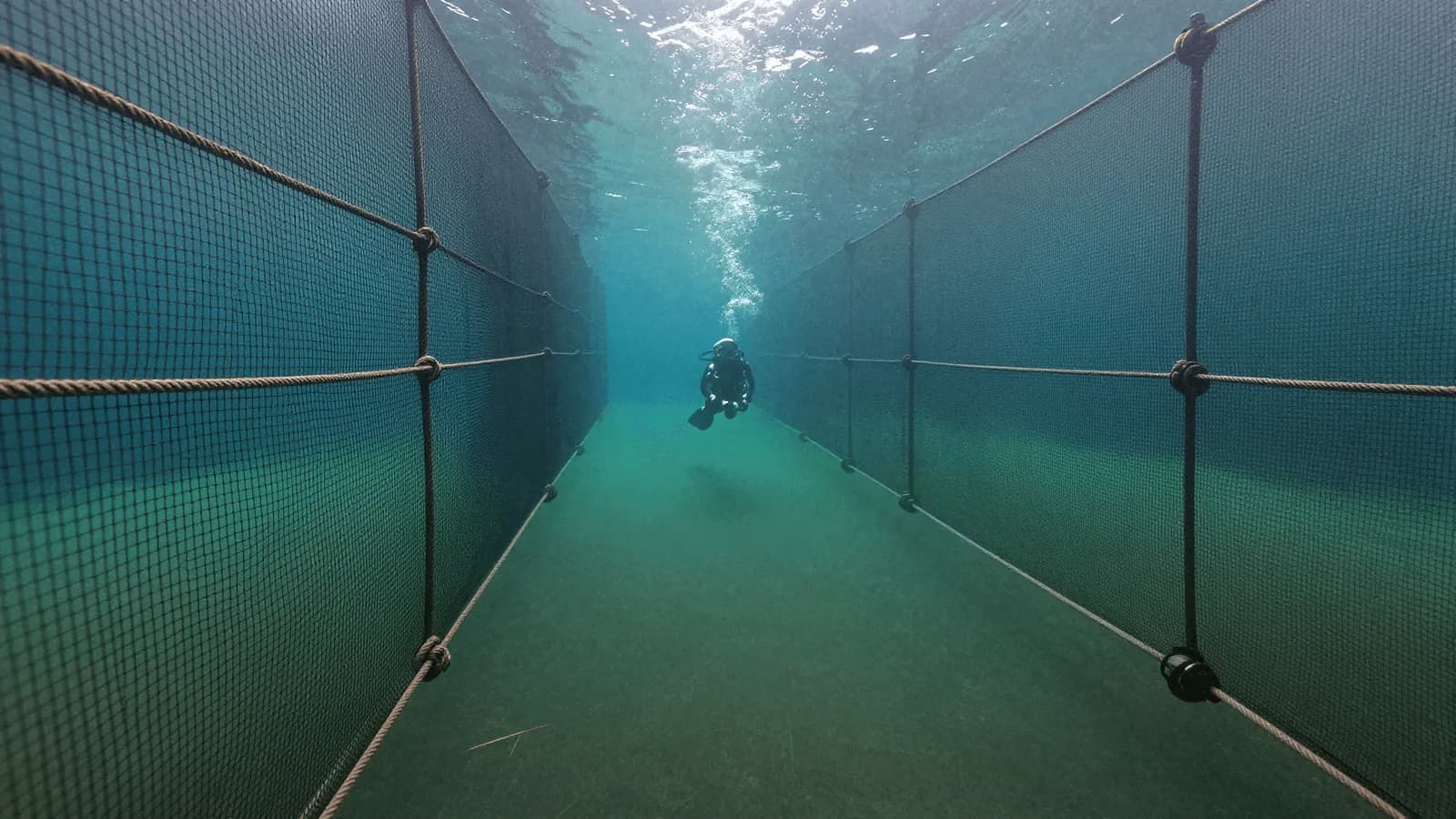 A working diver beside the netting of an aquaculture pen, ropes and mesh filling the water around him