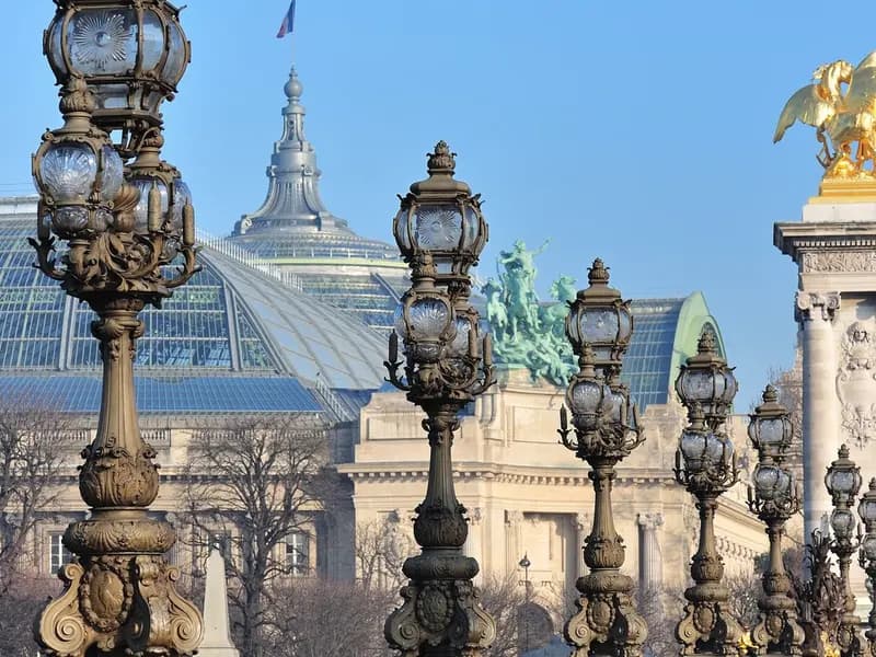 The glass roof and stone facade of the Grand Palais in Paris seen past the lamp posts of the Pont Alexandre III, photographed on 25 February 2008, a file photograph of the venue and not of this week's Art Basel Paris fair