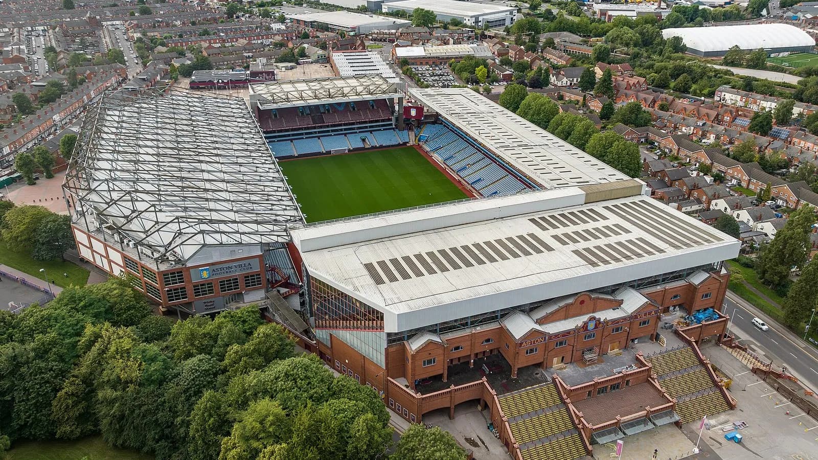 An aerial view of Villa Park in Birmingham with its stands, pitch and surrounding terraced streets, photographed on 2 August 2023, a file photograph of the stadium and not from Saturday's match