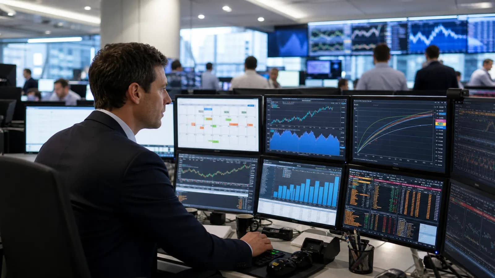 A market analyst reviewing an economic calendar and bond charts