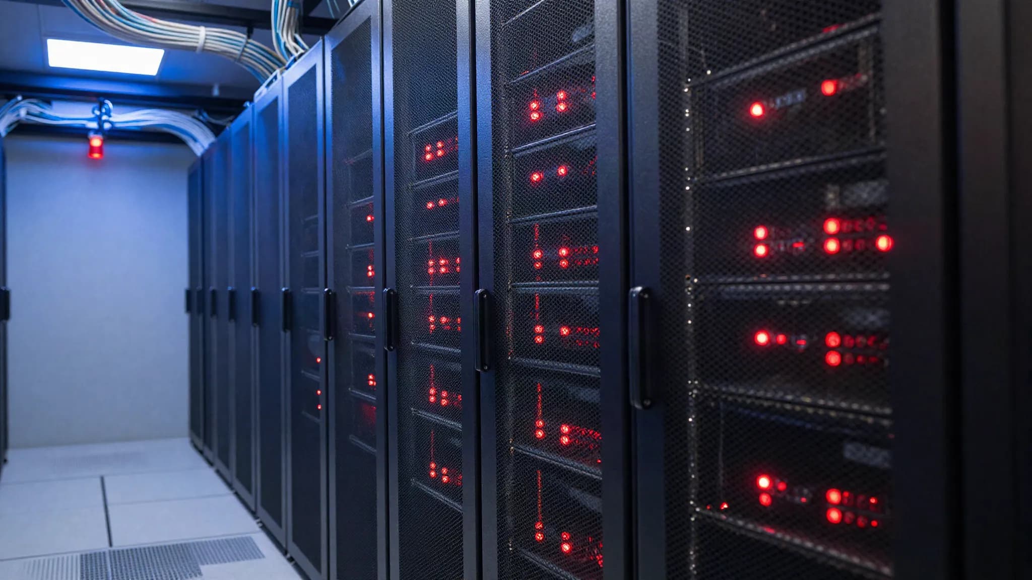 A dark server aisle with red status lights
