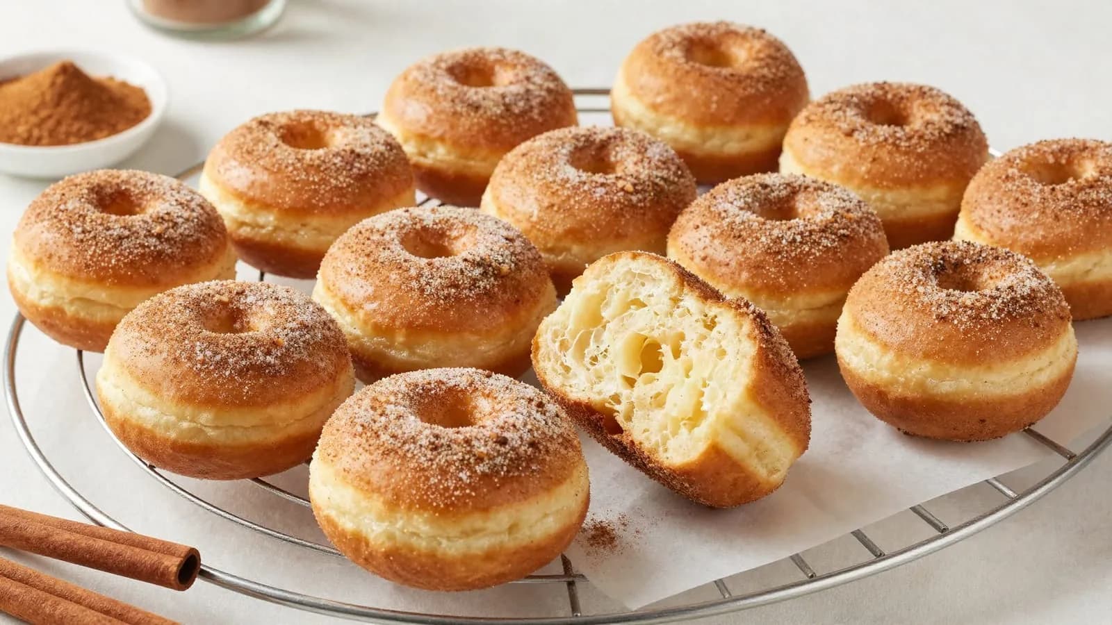 An AI-generated illustration of baked apple cider doughnuts rolled in cinnamon sugar, cooling on a wire rack