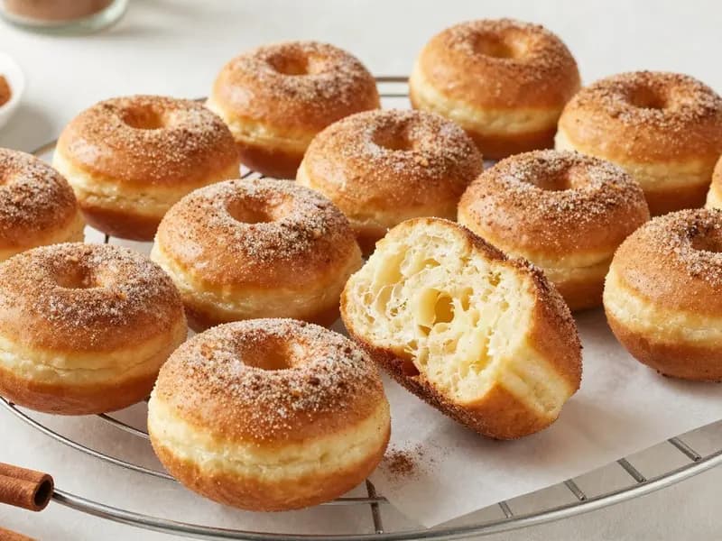 An AI-generated illustration of baked apple cider doughnuts rolled in cinnamon sugar, cooling on a wire rack