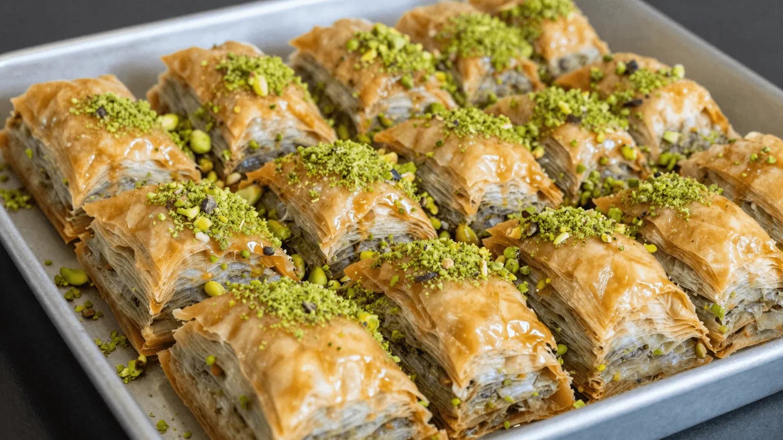 A tray of baklava cut into diamonds, glossy with syrup and topped with crushed green pistachio