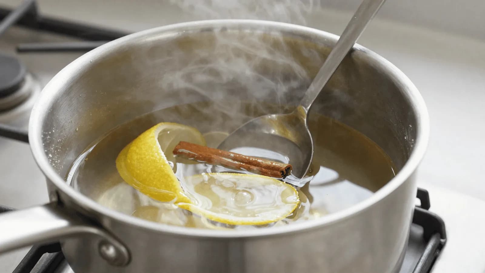 A pan of clear sugar syrup with a strip of lemon peel and a cinnamon stick steeping in it