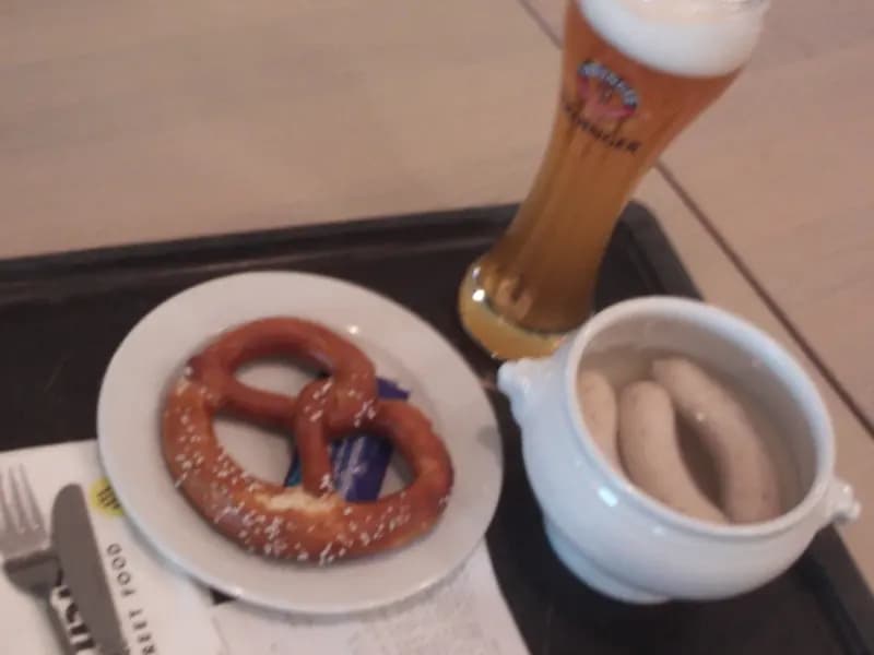 A Bavarian pretzel served with beer and weisswurst in Munich, illustrative of the dish and not this recipe's own bake, photograph undated