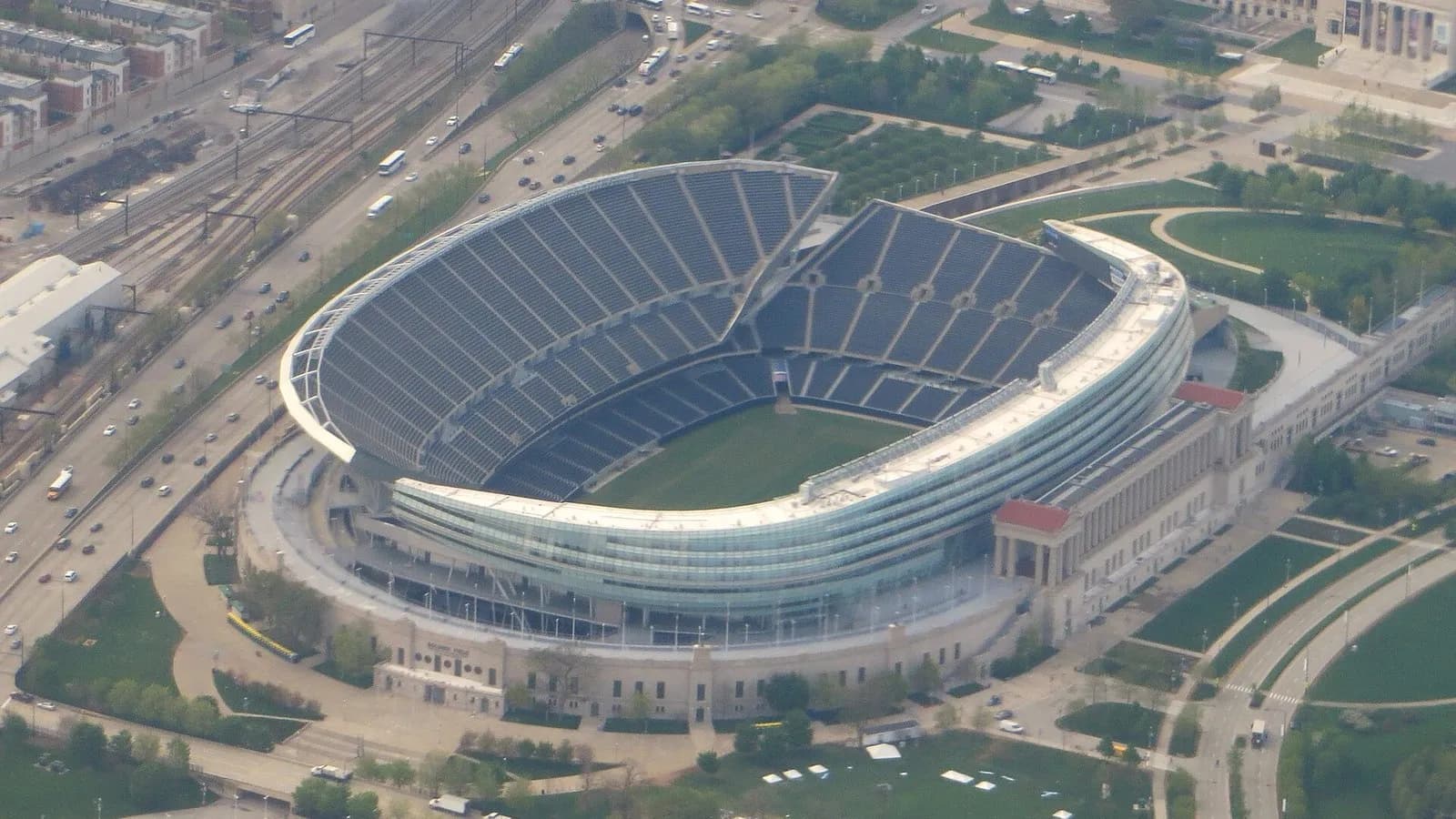 An aerial view of Soldier Field in Chicago with its modern bowl behind the old colonnades, photographed on 17 May 2014, a file photograph of the stadium and not from Thursday's game