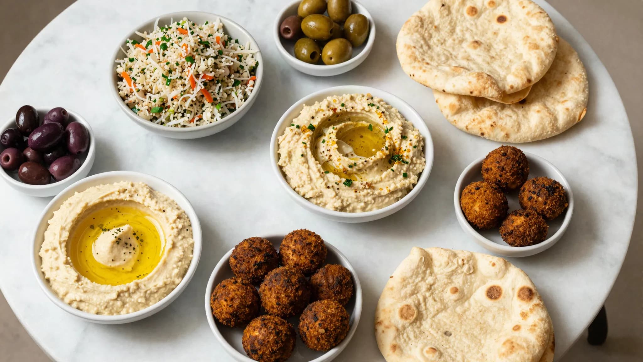A Lebanese mezze spread of hummus, tabbouleh and falafel