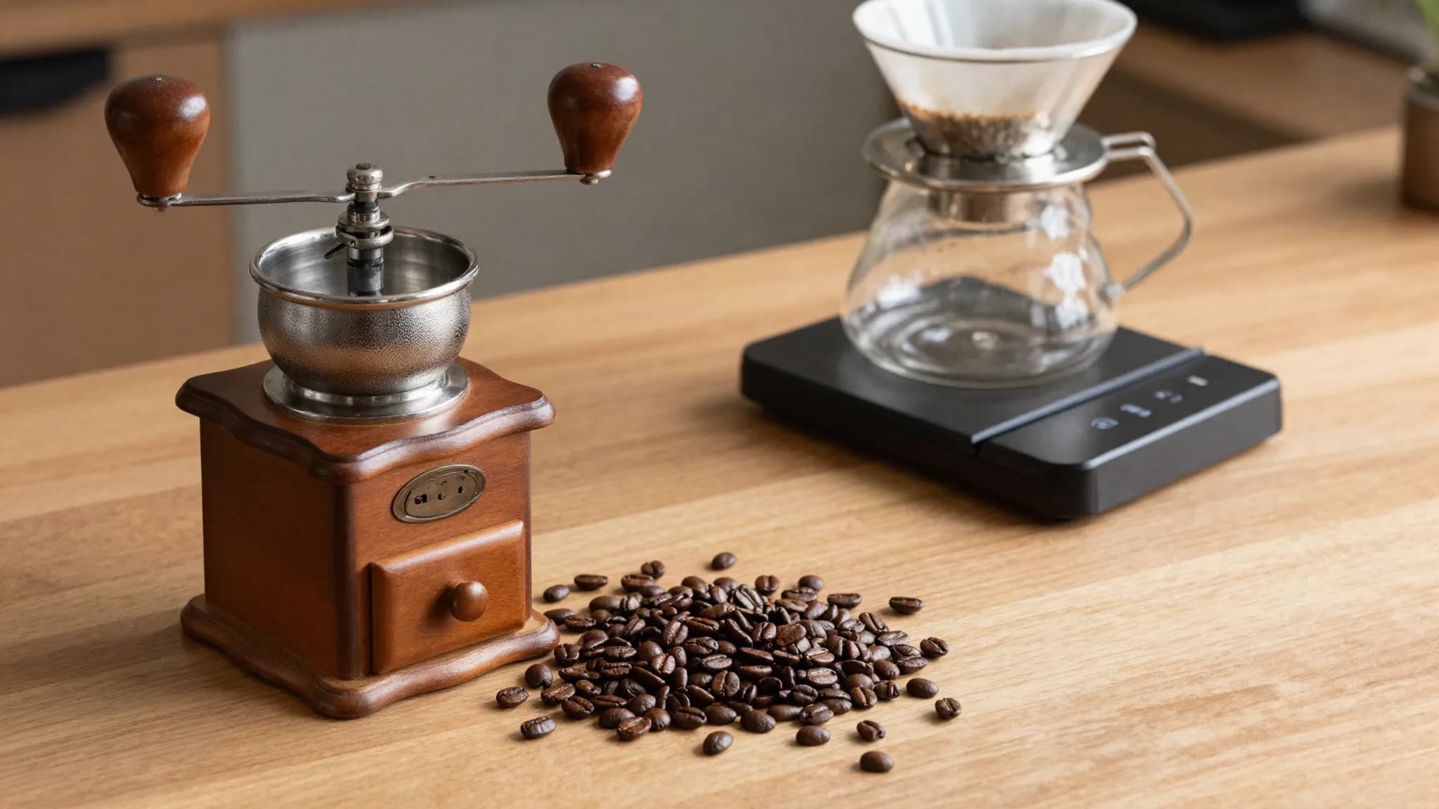A hand grinder, coffee beans and scales on a wooden counter