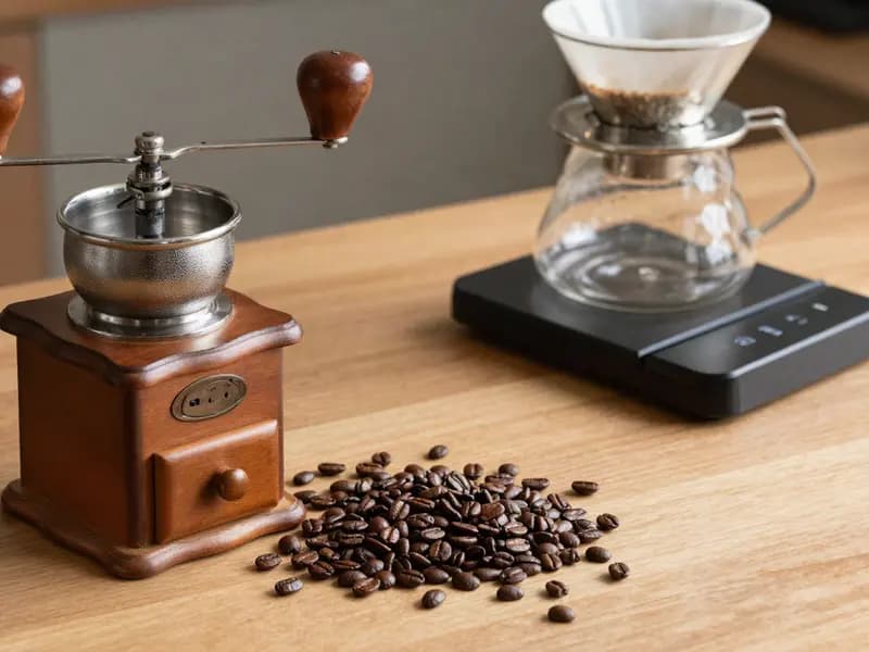 A hand grinder, coffee beans and scales on a wooden counter