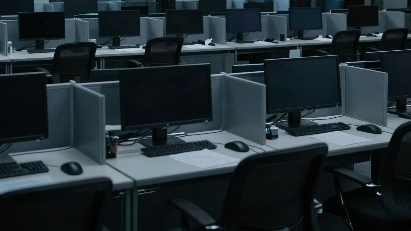 Editorial illustration of a deserted trading floor at night with every screen dark