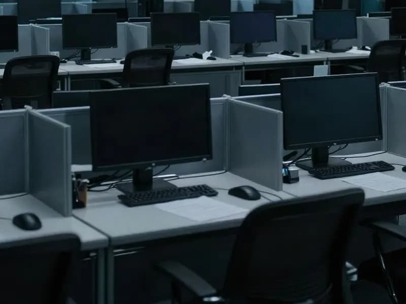 Editorial illustration of a deserted trading floor at night with every screen dark