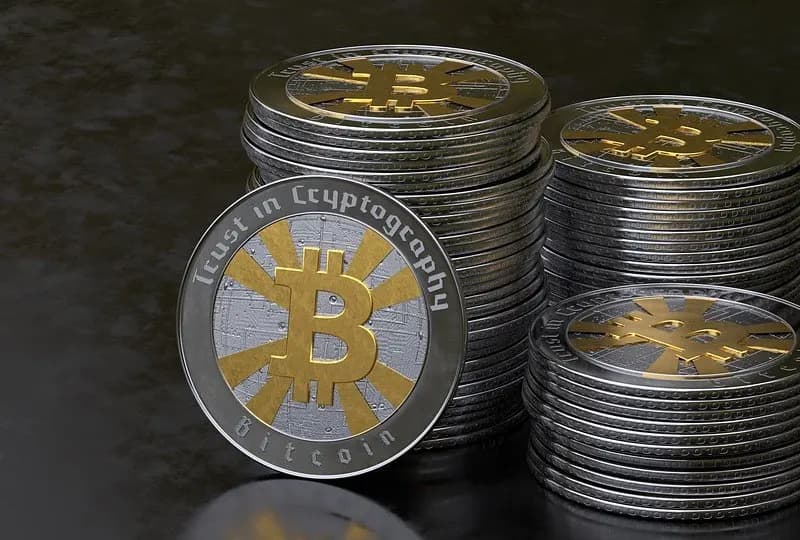 A stack of silver and gold-coloured physical bitcoin-style coins on a dark surface with one coin standing upright, dated 12 February 2017, a stock illustration of bitcoin and not of any fund or market event