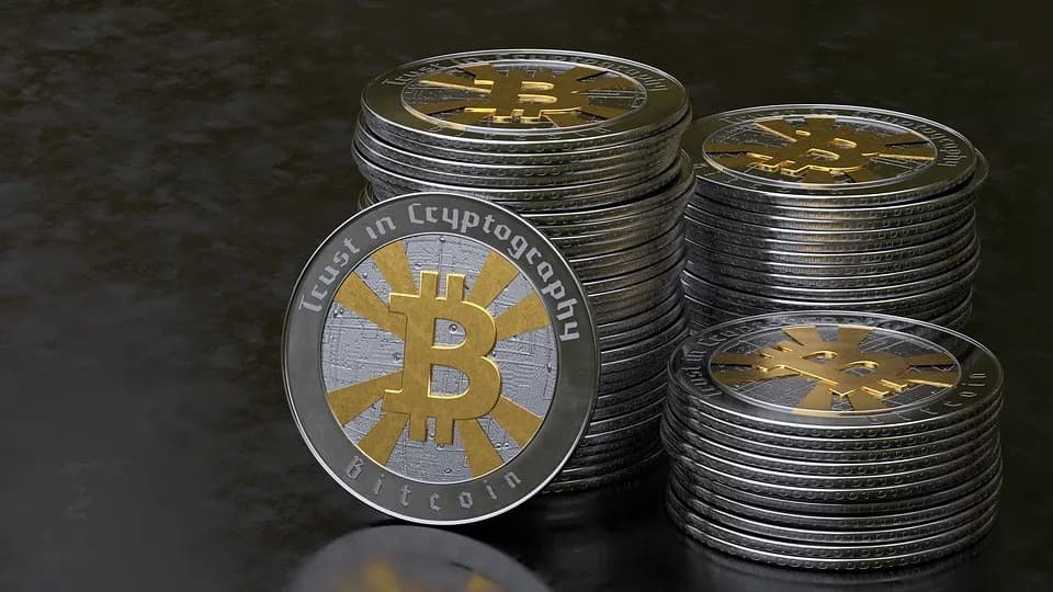 A stack of silver and gold-coloured physical bitcoin-style coins on a dark surface with one coin standing upright, dated 12 February 2017, a stock illustration of bitcoin and not of any fund or market event