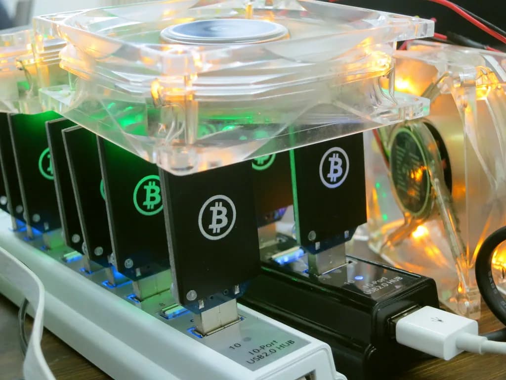 Rows of bitcoin mining hardware in an industrial data center, representing the network after the reward halving