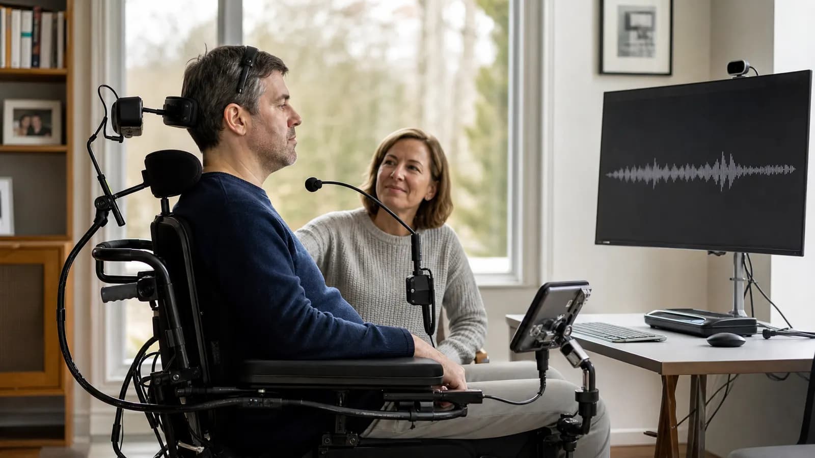 A person using an assistive computer interface independently at home