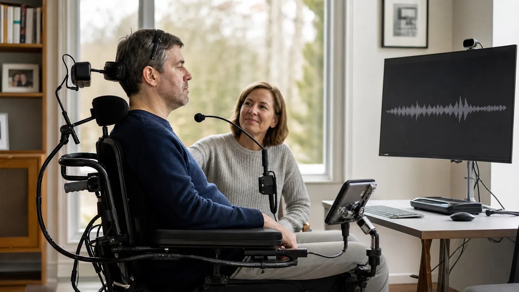 A person using an assistive computer interface independently at home