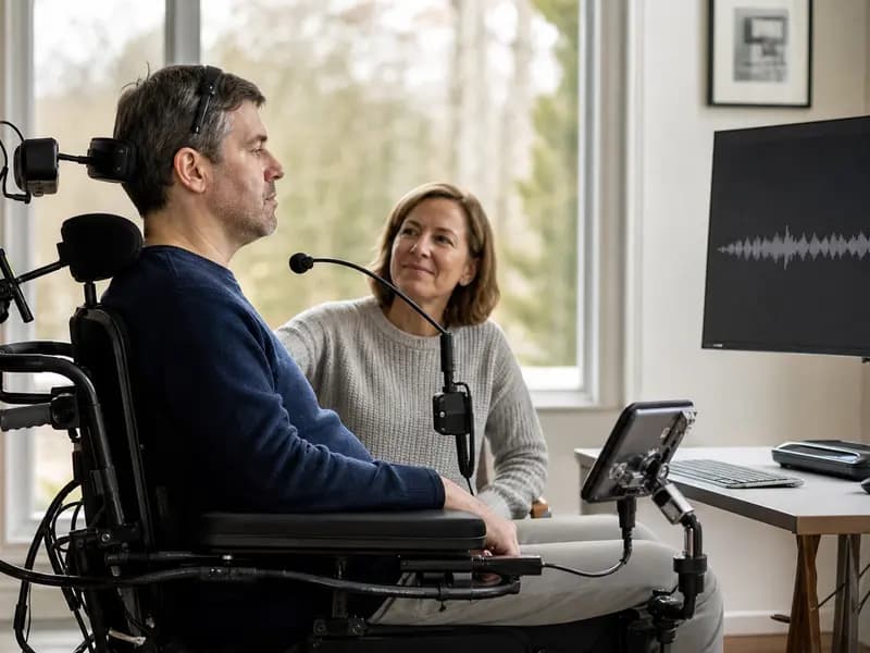 A person using an assistive computer interface independently at home