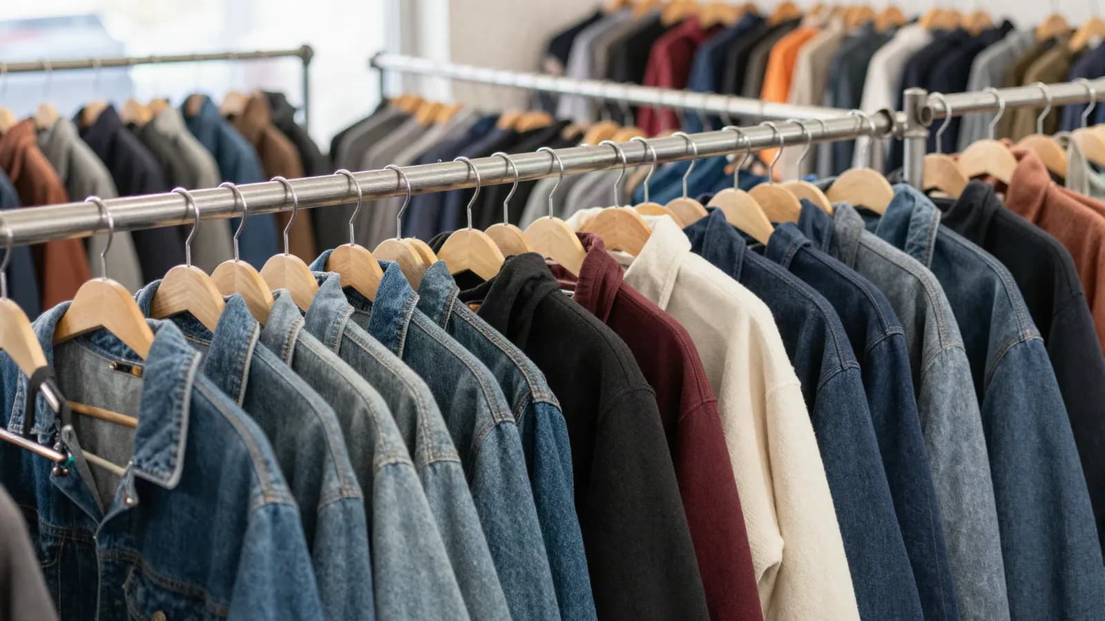 A rail of secondhand clothing in a shop interior