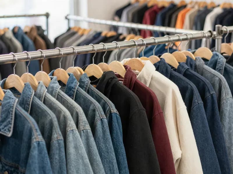 A rail of secondhand clothing in a shop interior