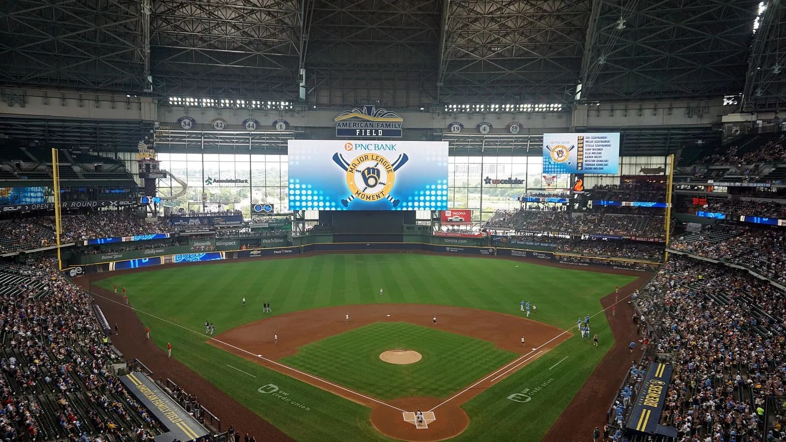 The infield, scoreboard and roofed stands of American Family Field in Milwaukee, home of the Brewers, photographed on 18 August 2024, a file photograph of the ballpark and not from World Series Game 1