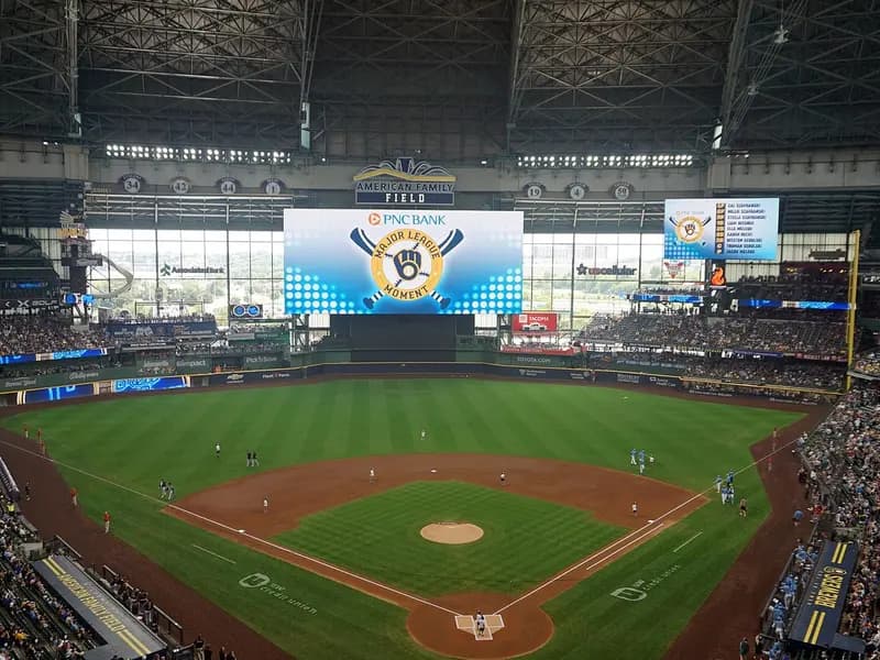 The infield, scoreboard and roofed stands of American Family Field in Milwaukee, home of the Brewers, photographed on 18 August 2024, a file photograph of the ballpark and not from World Series Game 1