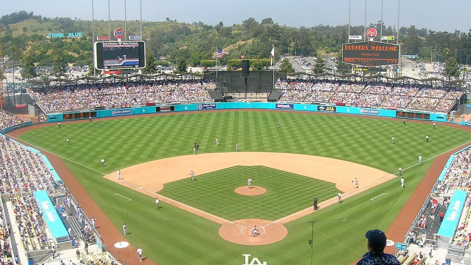 A game in progress at Dodger Stadium in Los Angeles, photographed from the stands, in May 2006, a file photograph of the ballpark and not from Wednesday's NLCS Game 3